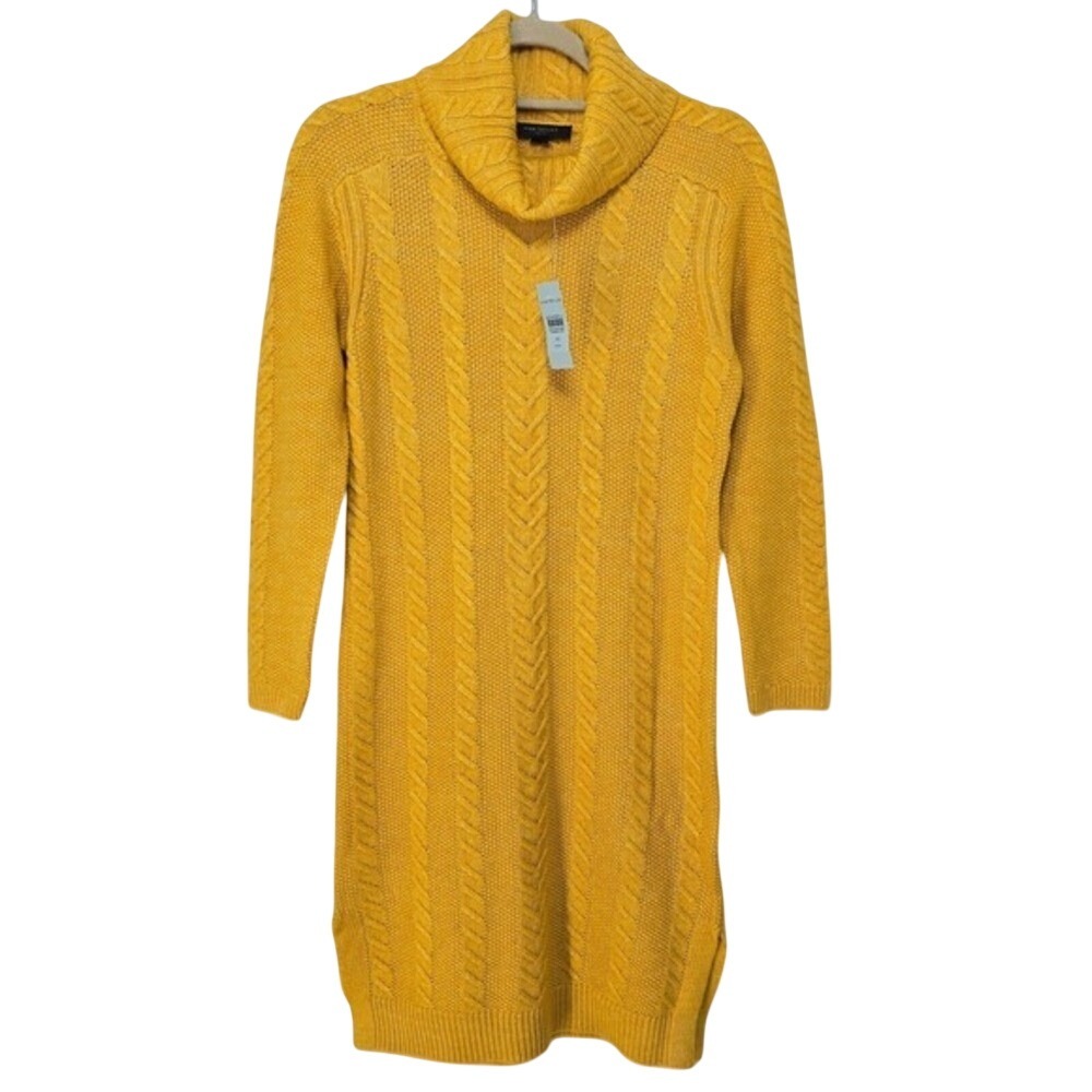 Ann Taylor Petite Mustard Yellow Cable Knit Turtleneck Sweater Dress XSP NEW